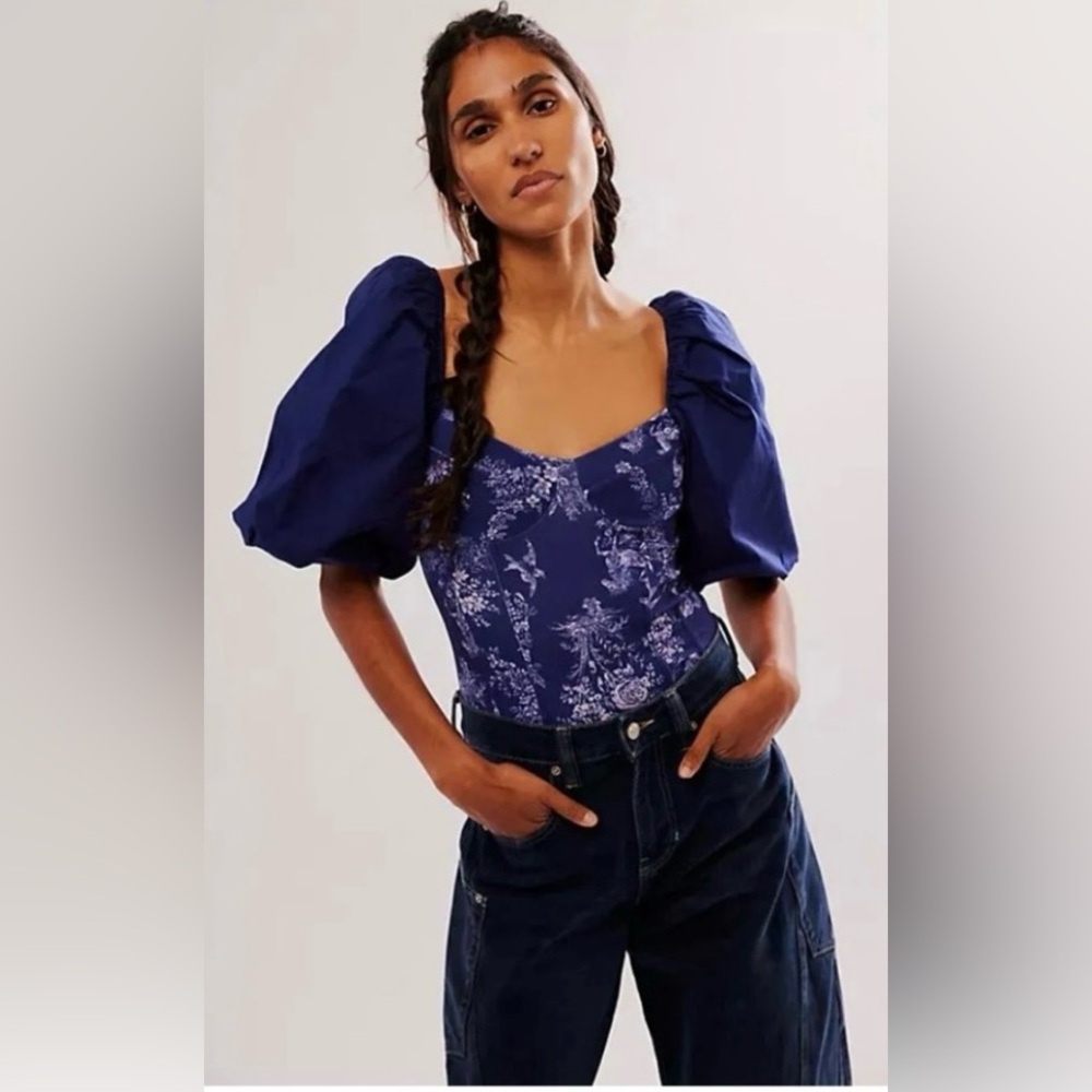 Free People Blue and White Puff Sleeve Bodysuit